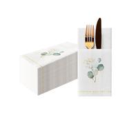 PAW Serviettes Pochette Effet Tissu 1/8, 25 pièces - Eucalyptus Doré | Étui à couverts prêt à l'emploi, en papier Airlaid, résistant, pour mariage, communion et baptême, dressage impeccable
