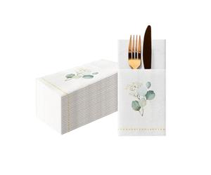 PAW Serviettes Pochette Effet Tissu 1/8, 25 pièces - Eucalyptus Doré | Étui à couverts prêt à l'emploi, en papier Airlaid, résistant, pour mariage, communion et baptême, dressage impeccable