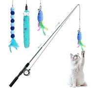 Pawaboo Baguette Teaser pour Chat, Canne à Pêche pour Chat avec Lot de 3 Recharges à Plumes, Jouet à Plumes Rétractable 3 Sections avec Poulie, Teaser Attrapeur Exercice avec Clochette, Bleu