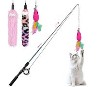 Pawaboo Baguette Teaser pour Chat, Canne à Pêche pour Chat avec Lot de 3 Recharges à Plumes, Jouet à Plumes Rétractable 3 Sections avec Poulie,Teaser Attrapeur avec Clochette, Rose Rouge + Rose