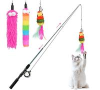 Pawaboo Baguette Teaser pour Chat, Canne à Pêche pour Chat avec Lot de 3 Recharges à Plumes, Jouet à Plumes Rétractable 3 Sections avec Poulie,Teaser Attrapeur avec Clochette, Arc-en-ciel + Rose rouge