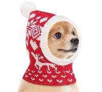 Pawaboo Bonnet de Noël pour Chiens, Bonnet de Noëls Tricoté Amusant avec Pompon, Bonnets d'hiver Chaud à Oreillettes Crocheté, écharpe à Capuche pour Chiens de Taille Moyenne, S, Renne Rouge de Noël