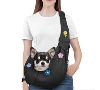 Pawaboo Écharpe de Portage pour Chien pour Petits Chiens, Écharpe de Portage Réversible Mains Libres avec Boucle de Sangle Réglable et Laisse de Sécurité, Pochette Douce et Sac, Fleurs + Noir