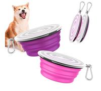 Pawaboo Gamelle Pliable pour Chien, [Lot de 2] Bol de Voyage en Silicone avec Mousqueton, Gammelle d'alimentation Portable Équipé de Couvercle pour Promenade, Randonnée et Camping, Rose + Violet