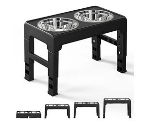 Pawaboo Gamelle pour Animaux de Compagnie, Bol en Acier Inoxydable avec Support en ABS Pliable Réglable à 4 Hauteurs, Bol d'alimentation Antidérapant pour Chiens de Différentes Tailles, Noir