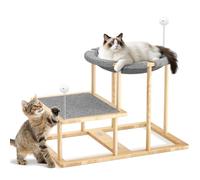 Pawaboo Hamac Surélevé pour Chat, Lit de Bureau pour Chat à 2 Niveaux avec 2 Jouets pour Chats, Mobilier en Bois avec Tapis de Grattage Antidérapant pour Chaton,Hamac pour Animal de Compagnie