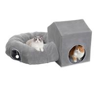 Pawaboo Lit Tunnel pour Chat, Tube en Forme de Beignet pour Chat avec Maison Carrée pour Chaton, Tunnels en Peluche Douce avec Coussins Lavables, Cachette pour Chaton avec Balles Moelleuses, Gris