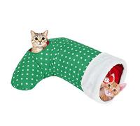 Pawaboo Tunnel pour Chat, Tube à 2 Voies en Forme de Bas de Noël en Peluche Polyester, Jouet Interactif Amusant avec Papier Froissé et Cadre pour Chaton Furet Lapin Petits Animaux de Compagnie, Vert