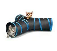 Pawaboo Tunnel pour Chat, Tunnels Premium 3 Voies Extensible Pliable Tunnel de Jeu Jouet Labyrinthe Maison de Chat avec Pompon et Cloches pour Chat Chiot Chaton Lapin, Noir et Bleu Claire