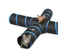 Pawaboo Tunnel pour Chat, Tunnels Premium 4 Voies Extensible Pliable Tunnel de Jeu Jouet Labyrinthe Maison de Chat avec Pompon et Cloches pour Chat Chiot Chaton Lapin, Noir et Bleu Claire