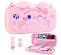PAWDIARY Sac de transport en peluche chat rose pour console Nintendo Switch et OLED, étui de voyage portable de dessin animé mignon pour fille avec bandoulière, capuchon de pouce pour Nintendo Switch