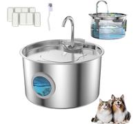 Pawdrate Dog Water Fountain (3.2L/108OZ), Super Quiet Electric Pet Filtered Waters Dispenser, Stainless Steel Dog Fountain Water Bowl with Water's Window LED for Dogs and Cats (1PC + 2 Filters)