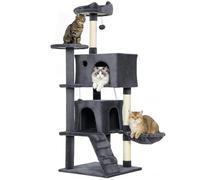 PawHut 140 cm de haut, arbre à chat multi-niveaux avec 3 griffoirs, 2 grottes, chenil, hamac, 2 pompons, plateforme et échelle, tour pour chaton, peluche, gris foncé