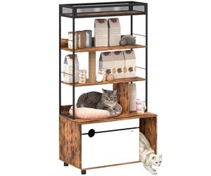 PawHut 2-en-1 Armoire à litière, litière avec étagère à 3 Niveaux, Poteau griffoir, Porte Rabattable, Maison pour Chat de Moins de 6 kg, 80 x 48 x 152 cm, Brun Rustique