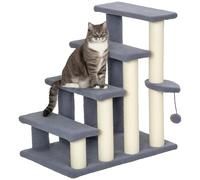PawHut 4-Level Staircase Pet Ladder Covered in Soft Flannel Sisal Sisal Post Hanging Ball Cat Scratching Tree 60x40x64 cm Grey