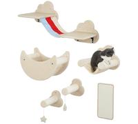 PawHut 6-Piece Cat Climbing Wall Set Sky Theme Cat Racks with Hammocks Platforms Ladders Scratching Board Sisal Post Beige Toy Stars