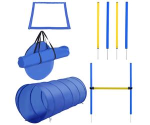PawHut Agility sport pour chiens équipement complet obstacles, tunnel, slalom, zone repos + 2 sacs de transport bleu jaune