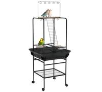 PawHut Aire de Jeu perchoirs sur roulettes pour Oiseaux perroquets avec 3 perchoirs en Bois, 1 échelle, 2 mangeoires en INOX, bac récupérateur Coulissant, 62,5 x 62,5 x 155 cm, Gris foncé