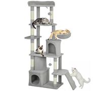 PawHut Arbre à chat 170 cm de hauteur, tour de jeux avec 7 poteaux à griffer, 3 platesformes, 2 niches, tunnel, hamac et 2 pompons, tissu peluche, multi-niveaux idéal pour 1-3 chats, gris foncé
