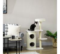 PawHut Arbre à chat 2 griffoirs sisal naturel niche cylindrique 2 plateformes pompon suspendu peluche blanc crème