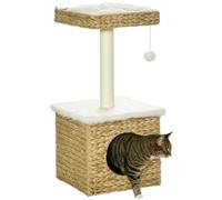 PawHut Arbre à Chat 2 Niveaux avec 1 Niche, 1 Poteau sisal, 1 Plateforme d'observation et 1 Pompon Suspendu - 2 Coussins Amovibles - Jacinthe d'eau