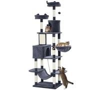 PawHut Arbre à chat 206 cm, tour de jeux pour chat avec poteaux et planche à griffer, 4 plateformes, 2 niches, 1 hamac, 2 balles et corde, en peluche, plusieurs niveaux idéal pour 1-3 chats gris foncé