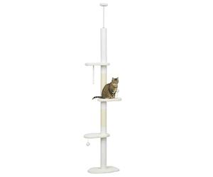 PawHut Arbre à Chat 225-255 cm réglable en Hauteur Tour pour Chat avec 3 griffoirs en Forme de Nuage et 2 balles 48x32x225-255 cm Blanc