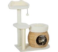 PawHut Arbre à chat 79 cm Arbre à chat avec niche pour chats, lit, balles de jeu, arbre à chat avec colonnes à griffer en sisal, pour chats jusqu'à 5 kg, blanc crème