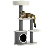 PawHut Arbre à Chat 98 cm avec Grotte, Planche à gratter, 3 Plates-Formes, Meuble pour Chats, Gris+Blanc