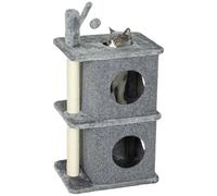 PawHut Arbre à chat à 3 niveaux hauteur 80 cm, tonneau à gratter pour chats avec 2 niches et surface de repos confortable, balle amovible, poteau en sisal et peluche douce, pour animal 5 kg gris foncé