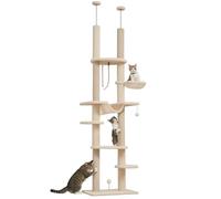 PawHut Arbre à chat à 7 niveaux avec hamacs et plateformes - Tour pour chats du sol au plafond 225-255 cm - Jouet en corde et boule de jouet beige et gris