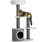 PawHut Arbre à Chat avec 1 Cachette pour Chat, 1 Lit pour Chat, 2 Plateformes, Poteaux en Corde de Jute, Blanc + Gris