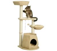 Arbre à chat style cosy chic griffoirs sisal naturel niche 2 paniers avec coussins plateforme 2 boules suspendues quenouille peluche courte crème beige