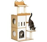 Arbre À Chat Design Contemporain Griffoir Sisal Naturel 2 Niches Plateformes Jeu Boule Suspendue Mdf Blanc Aspect Hêtre Clair