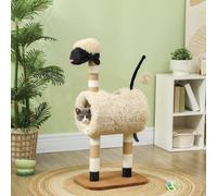 PawHut Arbre à chat au design de mouton, avec poteaux à griffer, tunnel et jouet, 98 cm, Marron clair