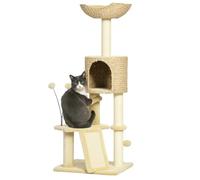 PawHut Arbre à Chat avec Griffoir 116 cm Niche Panier Plateformes Beige | Arbre à Grimper pour Chat, Pompons, Tour de Jeux pour Chat, en Peluche et Jacinthe d'Eau