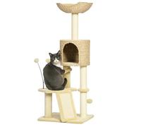 PawHut Arbre à Chat avec griffoir, Arbre à Grimper pour Chat, Hauteur 116 cm, Niche, Panier, Plateformes, Pompons, Tour de Jeux pour Chat, en Peluche et Jacinthe d'eau, Beige