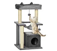 PawHut Arbre à Chat avec griffoirs, Hauteur 90 cm, en Tissu Peluche, Tour de Jeux pour Chat, avec lit, Niche, hamac, Plateforme et 2 balles suspendues, Plusieurs Niveaux, Gris