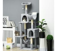 PawHut Arbre à Chat avec Hamac, Coussin et 2 Maisons, en Particules et Peluche, 55x49x177 cm, Gris et Blanc