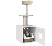 Arbre à chat maison de toilette 2 en 1 - H.129 cm - porte tête de chat - plateforme panier observation - blanc crème G