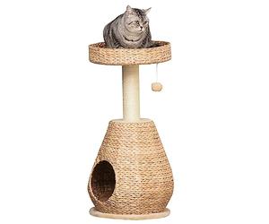 Pawhut Arbre à chat avec niche pour chat Jouet balle en sisal doux Hauteur 82,5 cm Jaune