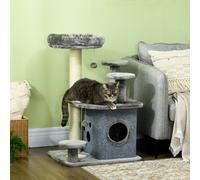 PawHut Arbre à Chat avec Transat et Maison en Peluche, Poteaux en Sisal, 60x48x92 cm, Gris