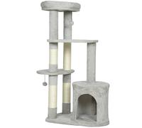 PawHut Arbre à Chat de 114 cm avec Grotte, Troncs en sisal, Plateforme, Balle de Jeu, griffoir à Plusieurs étages, Arbre d'escalade, pour Chats de Taille Moyenne de Moins de 6 kg, Gris Clair