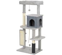 PawHut Arbre à chat de 132 cm avec poteaux à griffer, lit, maison, plateformes de saut, brosse de soins, gris clair