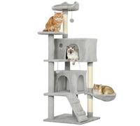 PawHut Arbre à chat de 140 cm de haut avec 2 niches, panier, hamac, 2 balles, lit pour chat avec motif chat, arbre à chat avec troncs en sisal, peluche, pour 1 à 3 chats de moins de 5 kg, gris clair