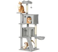 PawHut Arbre à chat de 160 cm de haut avec 2 niches, panier, hamac, 2 balles, lit pour chat avec motif chat, arbre à chat avec troncs en sisal, peluche, pour 1 à 3 chats de moins de 5 kg, gris clair