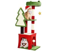 PawHut Arbre à chat de Noël, tour d'escalade à plusieurs niveaux avec griffoir et planche, niche, plateforme et jouets, centre d'activités pour chatons d'intérieur, vert
