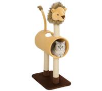 PawHut Arbre à Chat Design Lion 104 cm avec Niche Tunnel, Marron Clair | Meuble moderne pour chaton avec 3 griffoirs et une queue suspendue, pour chats d’intérieur