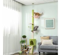 PawHut Arbre à chat du sol au plafond 5 niveaux hauteur réglable 220-240 cm plateformes fleur avec griffoir niche hamac vert