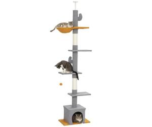 PawHut Arbre à Chat du Sol au Plafond 6 Niveaux Hamac 275 cm Gris Clair